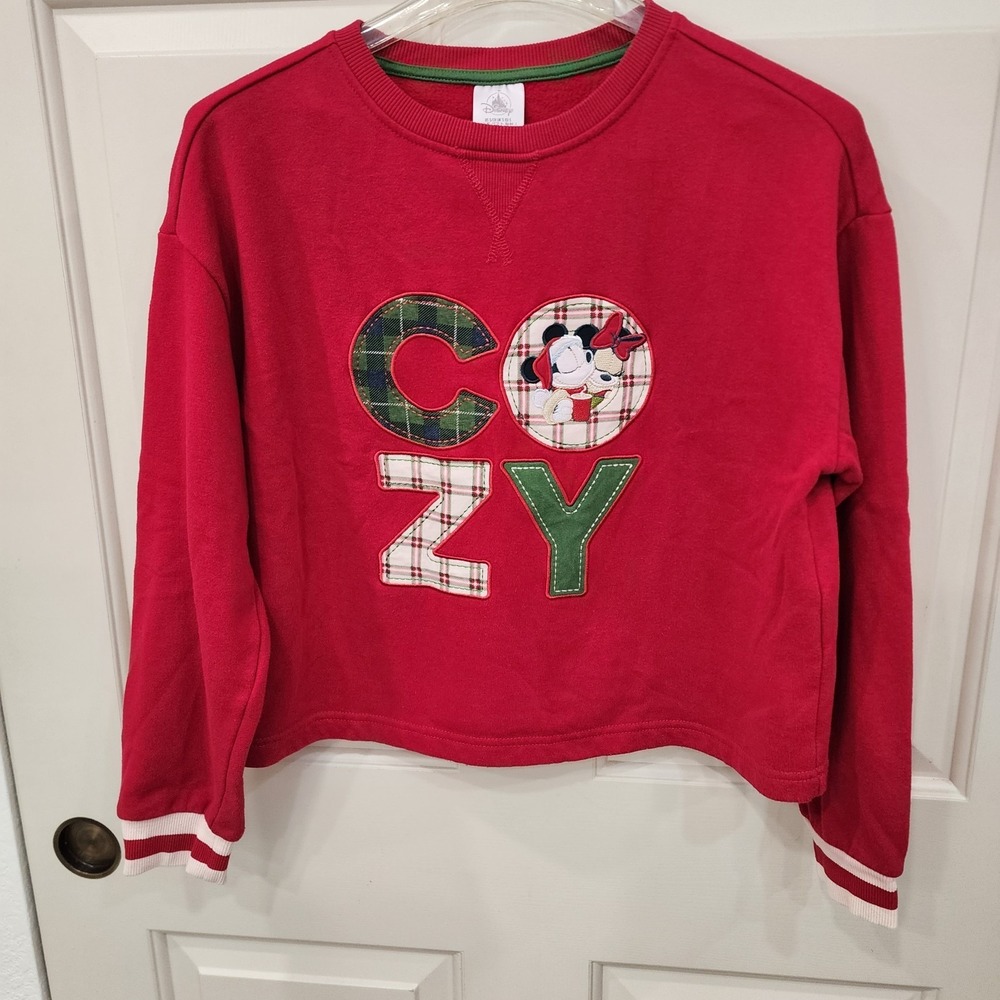 Disney Cropped Sweatshirt S | Minnie Mickey Hot Cocoa Red Cozy Coquette